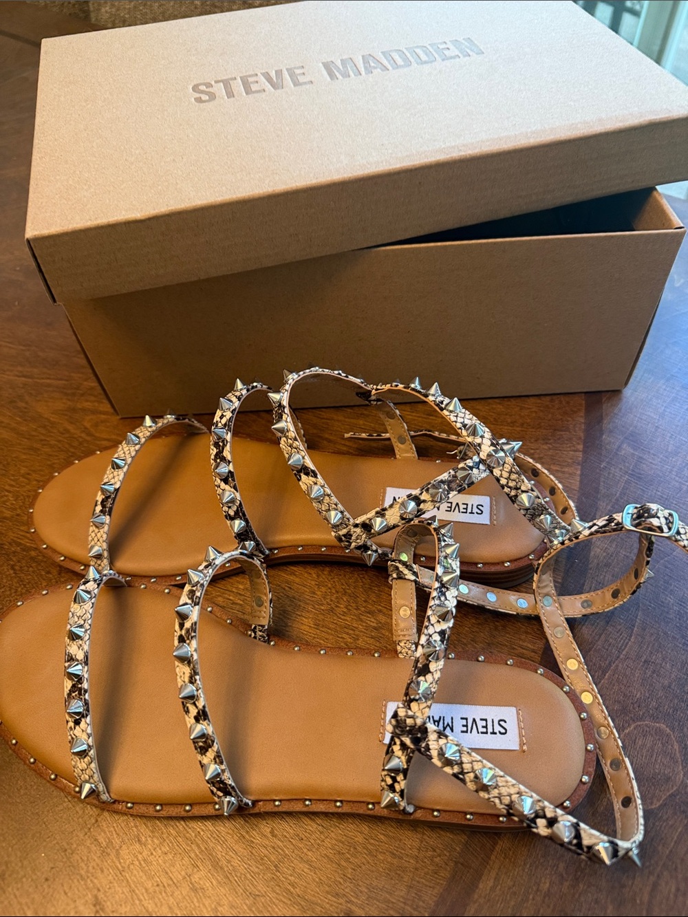 Steve Madden Studded Snake-Print Flat Sandals — Brown/Tan/Black size 9